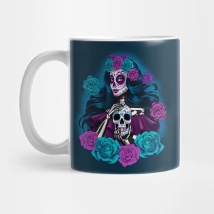 mexican catrina holding a sugar skull with flowers Mug